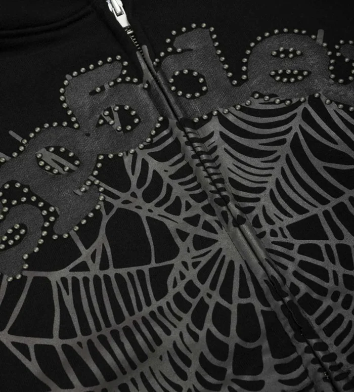 Sp5der OG Web Studded Zip Hoodie Black - Image 3