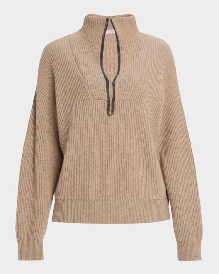 Ribbed Cashmere Deep-V Monili Trim Pullover - Image 1