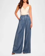 Chambray Pleated Chambray Wide-Leg Trousers - Image 2