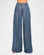 Chambray Pleated Chambray Wide-Leg Trousers - Image 4