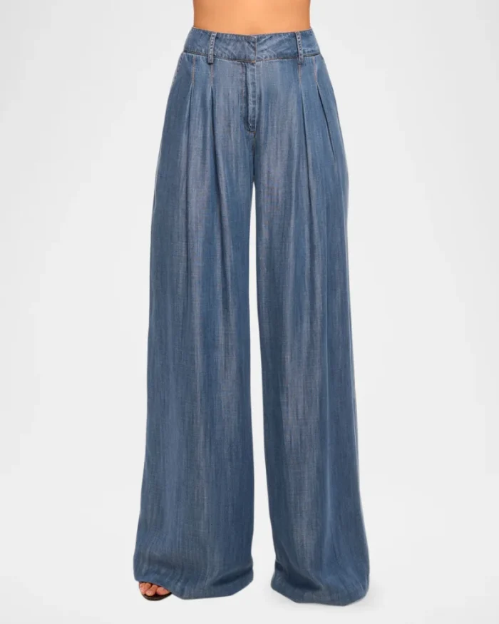 Chambray Pleated Chambray Wide-Leg Trousers - Image 4