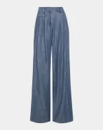 Chambray Pleated Chambray Wide-Leg Trousers