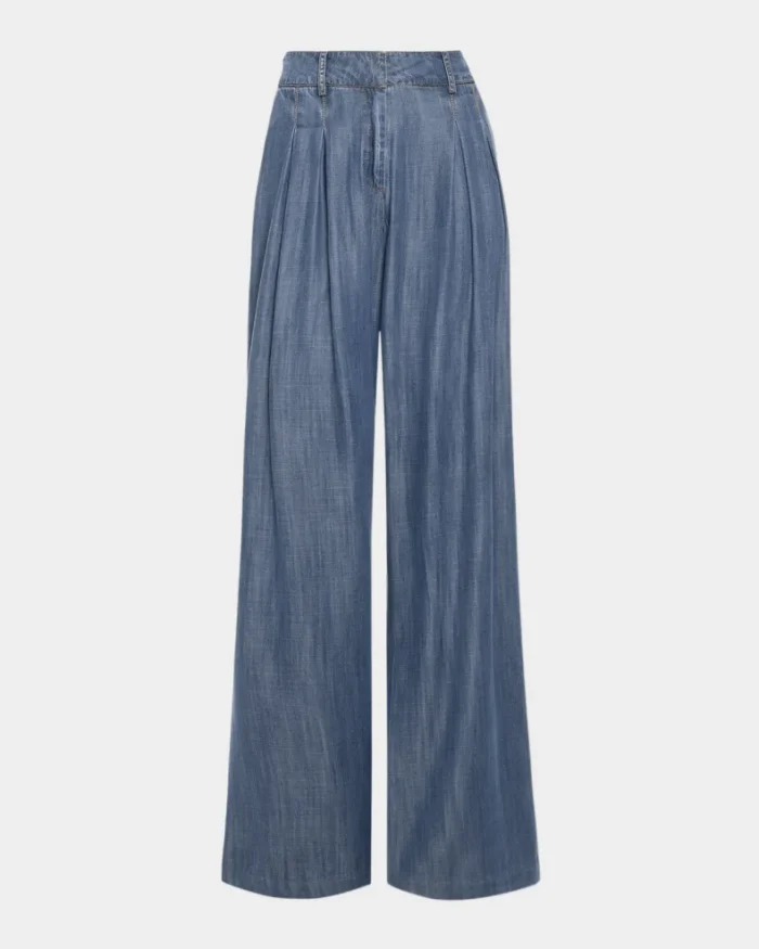 Chambray Pleated Chambray Wide-Leg Trousers - Image 1